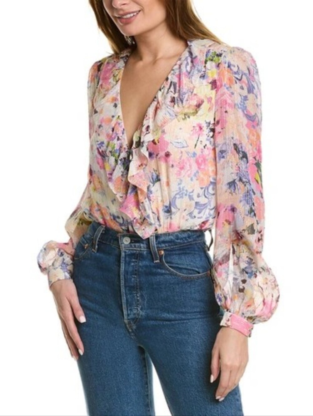 🆕️ ROCOCO SAND Long Sleeve Lurex Ruffled Bodysuit In Pink Floral